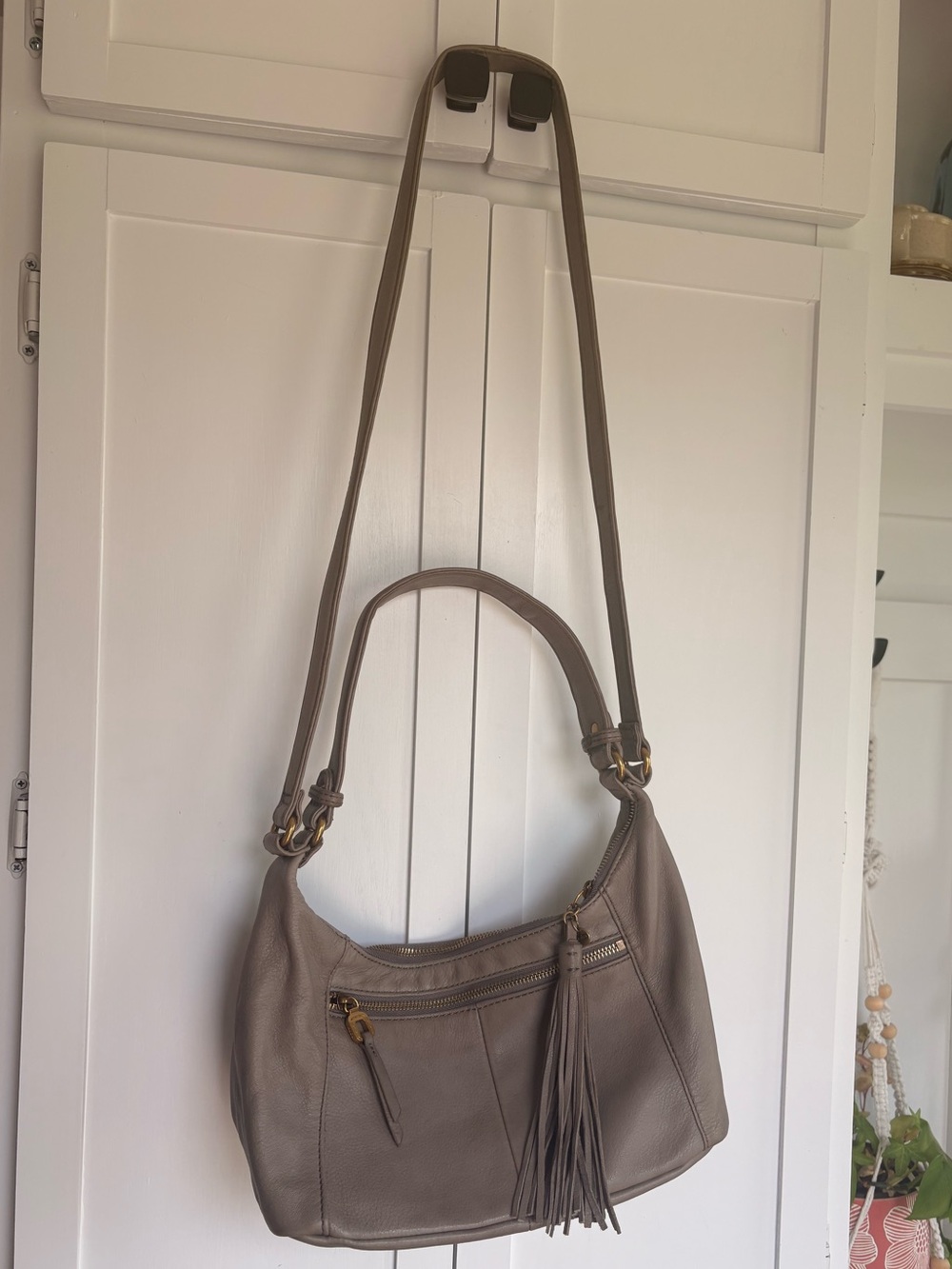 Taupe Leather Hobo Bag with Tassel Detail Hobo The Original
